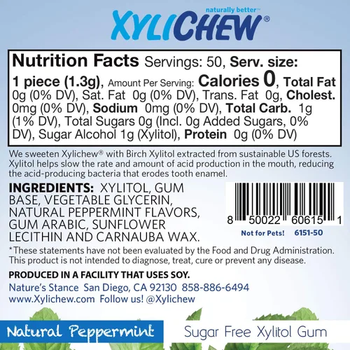 Miniatura 2 de Xylichew Goma de mascar 100% xilitol sin OMG, sin aspartamo, sin gluten y sin azúcar, cuidado bucal natural, alivia el mal aliento y la boca seca