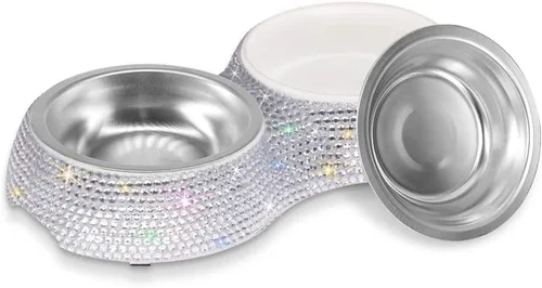 Miniatura 12 de SAVORI Cuencos pequeños para perros, hechos a mano con diamantes de imitación brillantes de acero inoxidable para mascotas, comedero doble de AB
