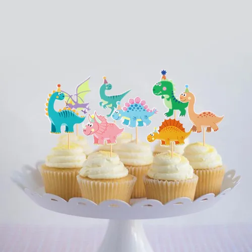 Miniatura 5 de Ercadio Paquete de 32 adornos para cupcakes de dinosaurios de dibujos animados, lindos dinosaurios para bebé, temática de dinosaurio, baby shower