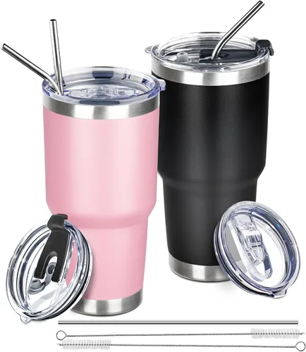 Miniatura 23 de Vaso de 30 onzas con tapas y pajillas, vaso aislado al vacío de doble pared, de acero inoxidable, a prueba de fugas, con recubrimiento en polvo