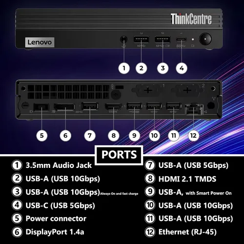 Miniatura 5 de Lenovo ThinkCentre Tiny M70q G5 Intel Deca Core i5-14400T (Supera al i7-13700T), 16GB DDR5, 512GB NVMe, DisplayPort, HDMI, WiFi 6, RJ-45, Teclado