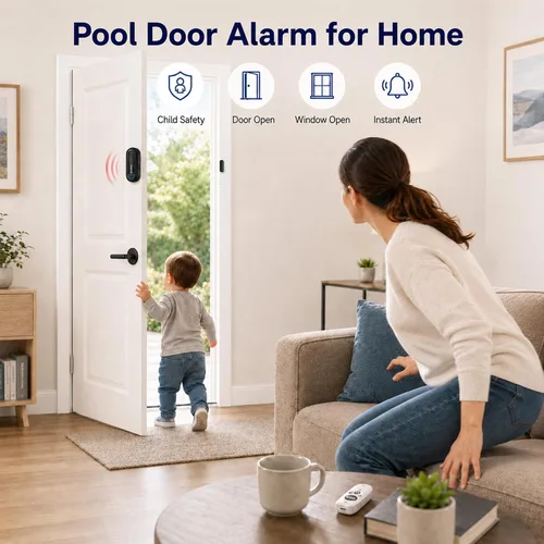 Miniatura 5 de Alarmas para puerta de piscina para seguridad del hogar, volumen de 0 a 120 dB ajustable con 4 modos, alarma de puerta inalámbrica con control