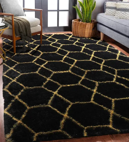 Miniatura 5 de ONASAR Alfombras de 5 x 8 pies para sala de estar, dormitorio, alfombra de área lavable esponjosa negra y dorada, alfombra geométrica bohemia de 2