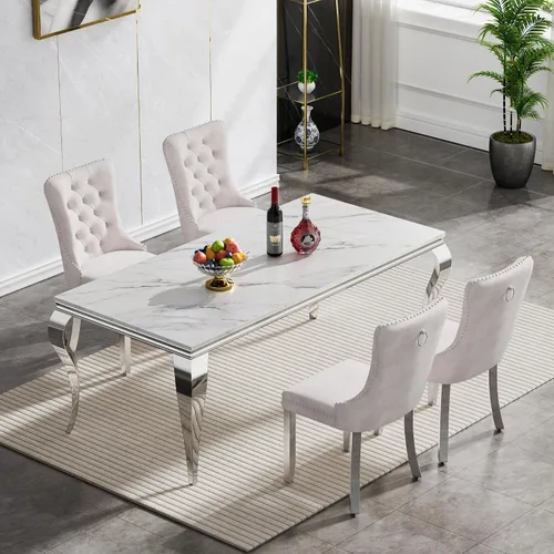 Miniatura 29 de Moderno juego de mesa de comedor de mármol sintético de 68.11 pulgadas para 6, mesa de comedor de mármol blanco y plateado con 6 sillas de Blanco