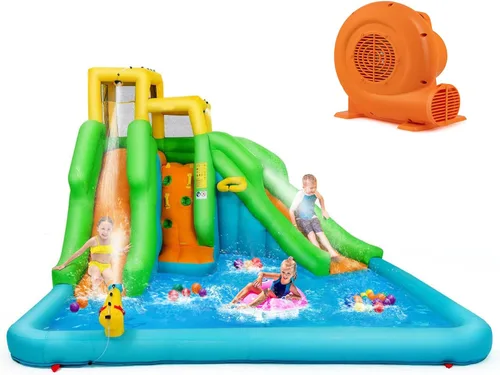 KOTEK Tobogán acuático inflable, tobogán acuático 6 en 1 con pared de escalada, 2 toboganes largos, piscina y aro de bola, toboganes acuáticos