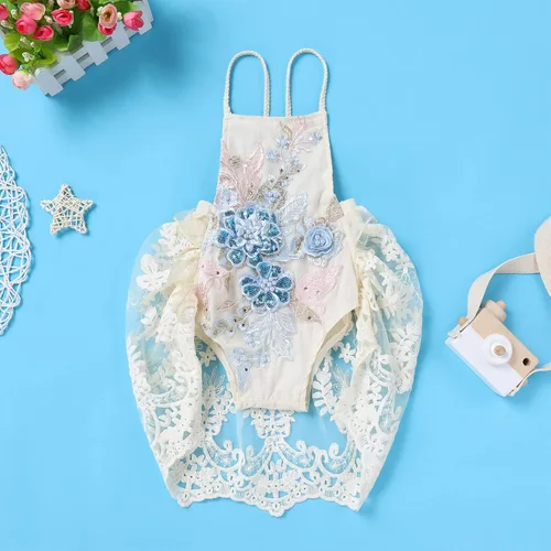 Miniatura 2 de Traje de primer cumpleaños para niña con volantes manga corta encaje floral vestido de tul diadema de corona sesión de fotos