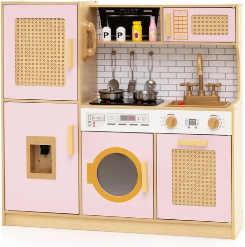 Miniatura 13 de HONEY JOY Cocina de Juguete de Madera con Diseño de Ratán, Juego de Cocina de Juguete para Niños Pequeños, Estufa con Luces y Dispensador de Agua