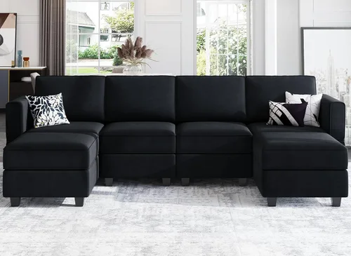 Belffin Sofá modular en forma de U con tumbonas reversibles, de terciopelo, con asiento de almacenamiento, color negro