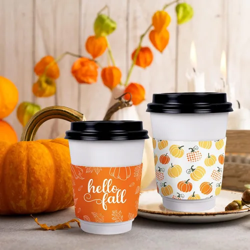 Miniatura 6 de Whaline Paquete de 60 fundas para tazas de té de café de Acción de Gracias, color naranja otoño, patrón simple, funda de papel, desechable para taza