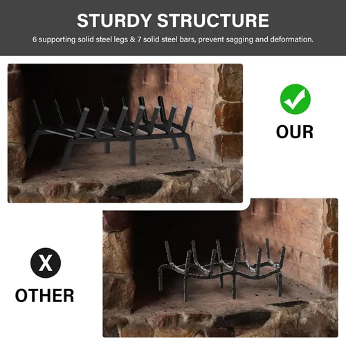 Miniatura 4 de SNOGSWOG Rejilla de chimenea de 24 pulgadas, estante para leña de acero sólido, rejillas de fuego resistentes, estante de chimenea negro mate