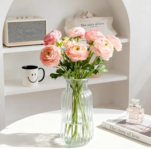 Miniatura 9 de Jarrón de cristal ámbar, florero acanalado de 8.7 pulgadas de alto para ramo, centro de mesa, decoración de mesa de comedor, jarrones transparentes