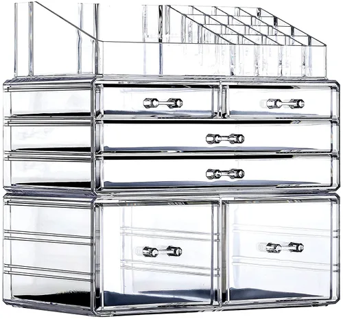Cq acrylic Paquete de 3 organizadores de almacenamiento de maquillaje transparentes, apilables con 6 cajones, lindo organizador de escritorio para