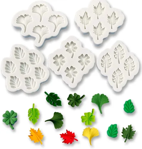 Cestony 5 moldes de silicona con hojas de ginkgo de múltiples cavidades, hojas de arce, tortuga, trébol de hoja trasera, para bricolaje, pasteles, 5