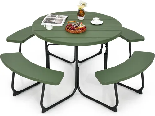 Miniatura 12 de Tangkula Mesa de picnic para 8 personas, mesa de picnic cuadrada al aire libre con 4 bancos integrados, agujero para paraguas, marco de metal y mesa