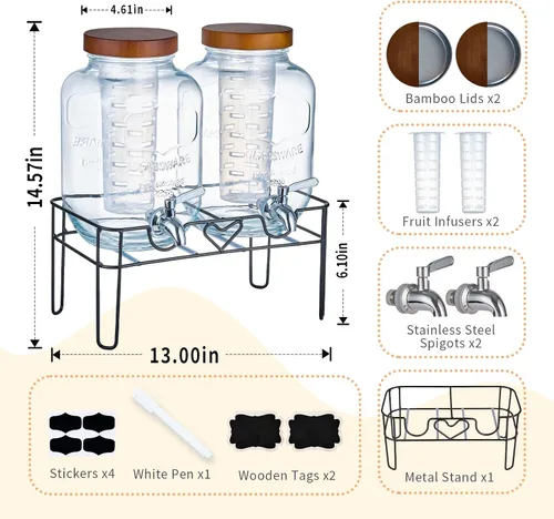 Miniatura 2 de Paquete de 2 dispensadores de bebidas de vidrio de 1 galón con soporte, tapas de bambú e infusor de frutas, espita a prueba de fugas de acero Marrón