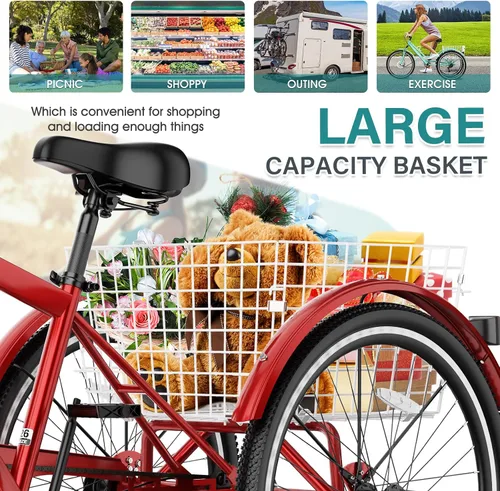 Miniatura 4 de MOPHOTO Triciclo de montaña para adultos, bicicleta de 3 ruedas de 7 velocidades para adultos/hombres/mujeres, 24/26/27.5 pulgadas, triciclo