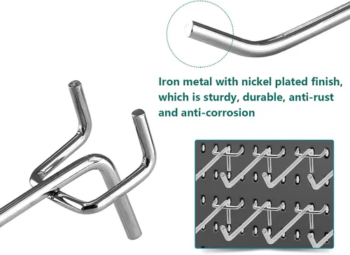 Miniatura 5 de Jiozermi 50 ganchos para tablero de clavijas de 6 pulgadas, ganchos de clavija resistentes, ganchos de metal para estantes de 1/4 pulgadas y 1/8