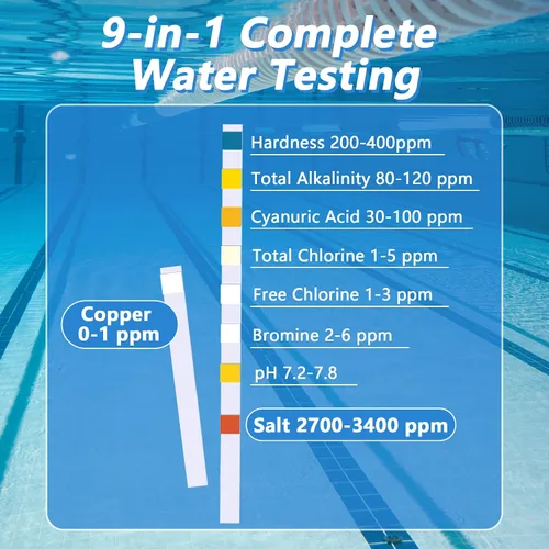 Miniatura 2 de Tiras de prueba de sal de piscina 9 en 1, 150 unidades para agua salada, kit de prueba de piscina para nivel de sal (0-6000 ppm), cobre, GH, pH