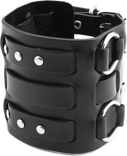HZMAN Anillo de aleación para hombre, pulsera de cuero genuino, tono plateado, ajustable