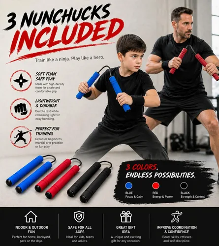 Miniatura 4 de ArtCreativity Nunchucks de juguete de espuma para niños en varios colores (juego de 3) juguetes de entrenamiento con asas suaves, el mejor regalo