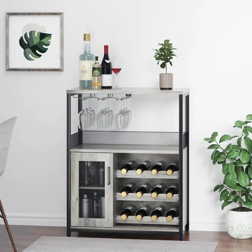 Miniatura 3 de IDEALHOUSE Armario de bar de vinos de 3 niveles con estante de vino desmontable y espacio de almacenamiento, gabinete de buffet con soporte de Gris