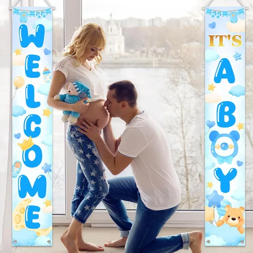 Miniatura 5 de Avezano Cartel de bienvenida con texto en inglés "It's a Boy" para puerta de bebé, decoración azul para recién nacidos, decoración para interiores