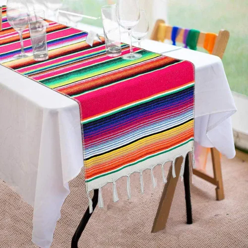 Camino de mesa mexicano de 14 x 84 pulgadas, camino de mesa de serape mexicano para decoración de bodas y fiestas mexicanas, camino de mesa de Rosa