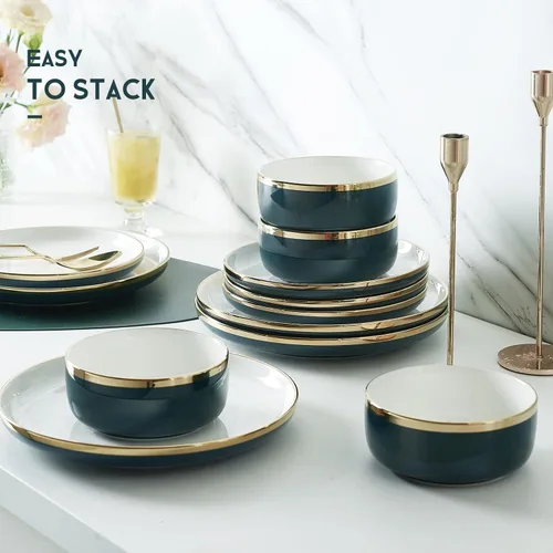 Miniatura 5 de Pokini Juego de vajilla de porcelana, juego de 12 platos y cuencos de porcelana de lujo, juego de platos verdes con borde dorado para boda