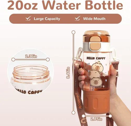 Miniatura 7 de Botella de Agua Capybara, Botella de Agua Kawaii con popote, bonitas botellas de agua Capybara con correa ajustable y calcomanías - para niños