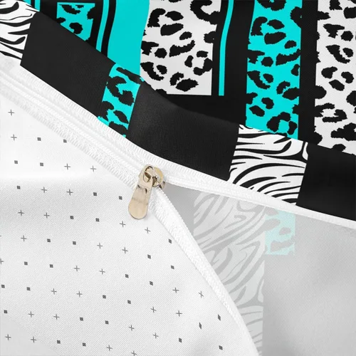Miniatura 6 de Juego de ropa de cama con estampado de cebra de leopardo, tamaño Queen, para niños, color verde azulado, blanco, negro, juego de funda de edredón
