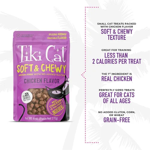 Miniatura 5 de Tiki - Golosinas suaves y masticables para gatos, sabor a pollo, 3 calorías por golosina sin granos y sin gluten añadido, bolsa de 6 onzas