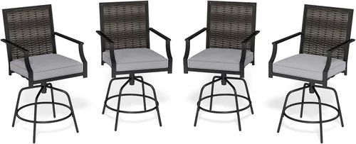 Miniatura 12 de Tangkula Juego de 2 taburetes de bar giratorios para patio, sillas de bar de altura de mostrador para exteriores con respaldo de ratán de Negro