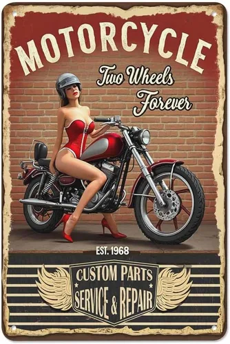AOYEGO Letrero de lata de motocicleta Pin Up, garaje de motor, rojo y negro, vintage, de metal, para cafeterías, bares, bares, bares, tiendas,