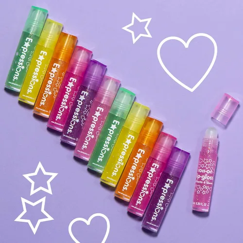 Miniatura 5 de EXPRESSIONS Juego de brillo labial enrollable de 12 piezas con mango de marabú y estuche de transporte, sabores afrutados surtidos, maquillaje