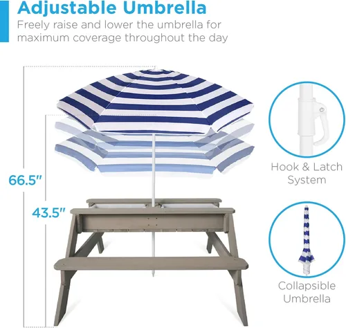 Miniatura 6 de Best Choice Products Mesa de arena y agua 3 en 1 para niños, mesa de picnic convertible de madera para exteriores con paraguas, 2 bandejas, parte
