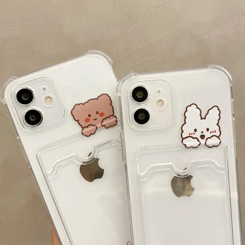 Miniatura 4 de Casechics Funda compatible con iPhone, bonita funda de conejo de dibujos animados Kawaii, con ranura transparente para tarjetas de crédito, cartera