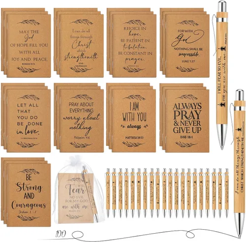Miniatura 7 de Jutom Juego de 30 bolígrafos retráctiles de bambú para el Día del Padre, regalos cristianos y cuadernos de papel kraft con versículos bíblicos