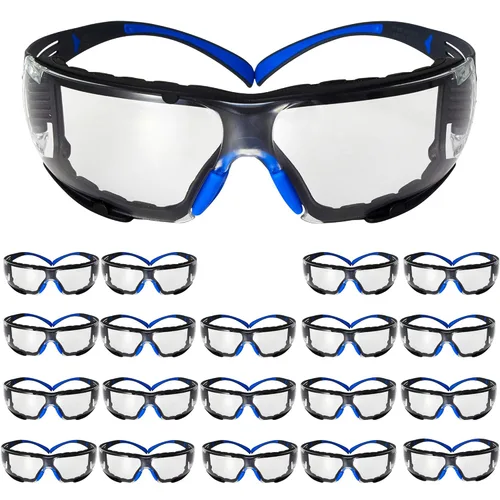 3M - Lentes de seguridad SecureFit, paquete de 20, ANSI Z87, antiarañazos y antivaho Scotchgard, lente transparente, marco azul/gris, varillas