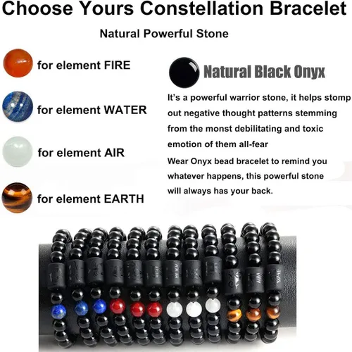Miniatura 4 de Pulsera con signos del zodiaco para hombres y mujeres, 0.315in, piedra de ónice negra natural, constelación, horóscopo trenzado, pulseras de cuentas
