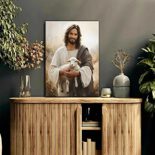 Miniatura 6 de Arte de pared en lienzo de Jesús y Cordero Jesús salva al cordero perdido Decoración de pared Imágenes Pintura de Cordero de Dios Pósters