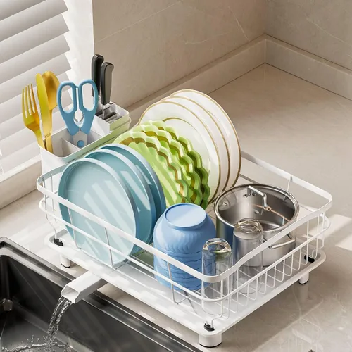 Miniatura 8 de AIDERLY Escurridor de platos de hierro, escurridor de platos de drenaje automático, colador de encimera de cocina con bandeja de drenaje, rosa