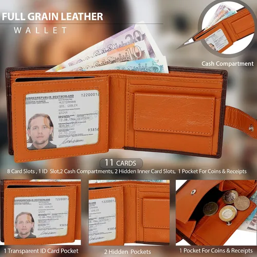 Miniatura 2 de StarHide Billetera para hombre con bloqueo RFID, de piel real, compacto, con bolsillo, tarjetero para identificación, 1075, marrón y marrón, Marrón