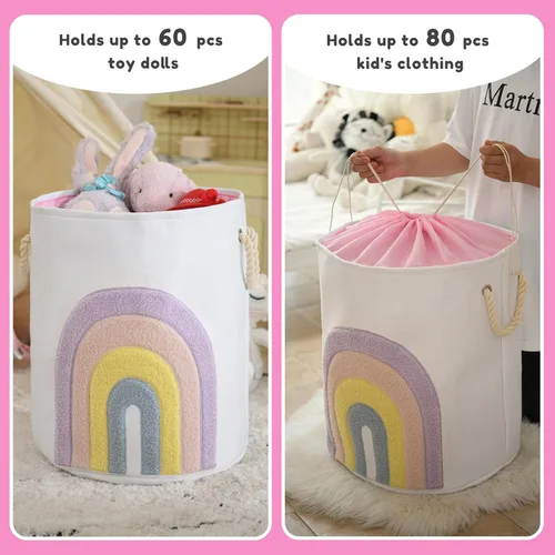 Miniatura 2 de Cesta para Bebé Rosa, Cesta de Lavandería de Lona XL de 58L con Cierre de Cordón, Decoración Boho de Arcoíris
