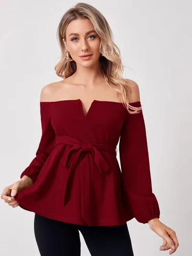 Miniatura 4 de Floerns Blusa de maternidad de manga larga con cinturón y hombros descubiertos para mujer