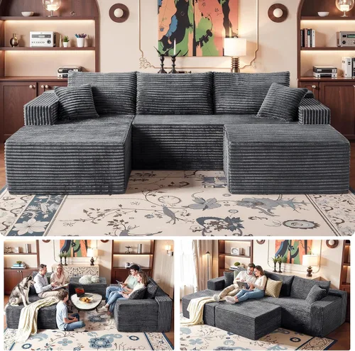 Miniatura 15 de Sofá modular gris con otomana, sofá modular de nube de 108 pulgadas para sala de estar, sofá moderno en forma de U, no requiere montaje, tela