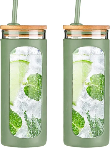 Miniatura 38 de Kodrine Vaso para agua de vidrio de 20 onzas con popote y tapa, botella de agua con tapas de bambú, taza para café helado, reutilizable, boca ancha