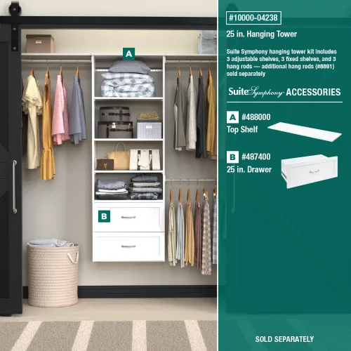 Miniatura 10 de ClosetMaid SuiteSymphony - Kit de armario colgante incluye (1) torre, (3) varillas para armario y (6) estantes, color blanco