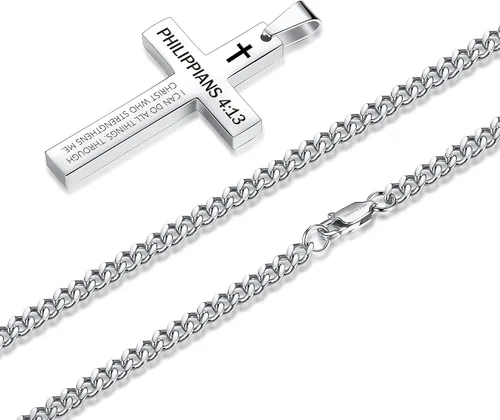 Miniatura 3 de Collar inspirador de cruz con versículo bíblico para hombres y niños, collar con colgante de cruz de plata negra lisa de acero inoxidable