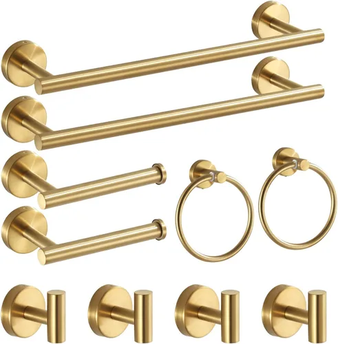 Juego de accesorios de baño en oro cepillado, juego de 10 barras de toallas que incluye 2 barras de toallas de 16 pulgadas, soportes de papel