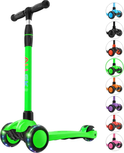 Allek - Kick Scooter B03. Monopatín de 3 ruedas de Poliuretano iluminadas, extra anchas con sistema inclinable y deslizante (Lean 'N Glide), Verde
